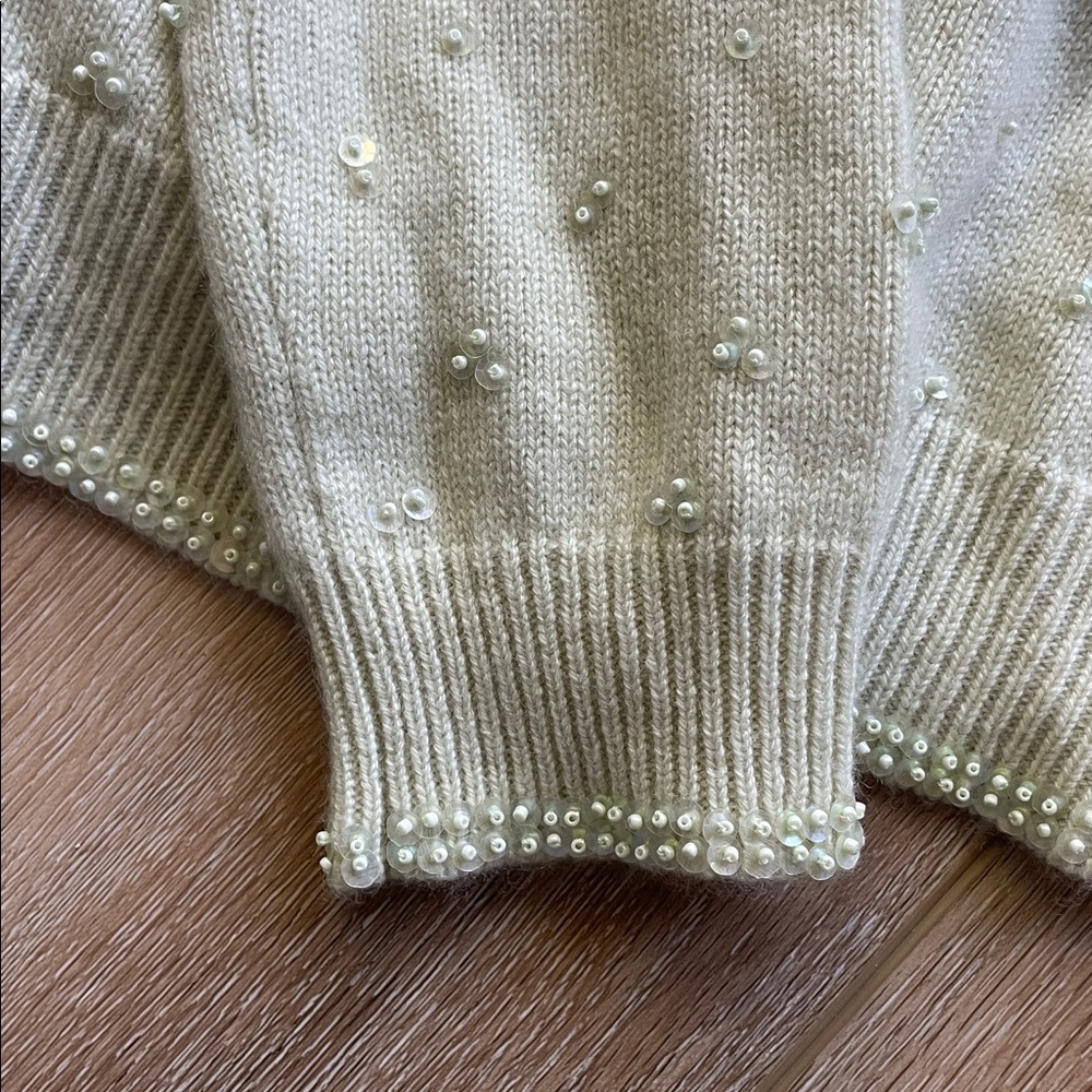 Doen Cashmere Pearl-Embellished Cream Women's Cardigan Sweater - Picture 3 of 14